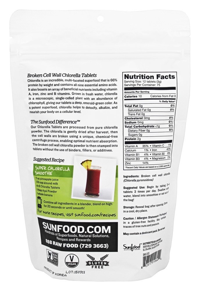 Comprar Chlorella de Parede Celular Quebrada 900 Comprimidos 250 mg. - 8 oz. Sunfood Superfoods - Imagem 2