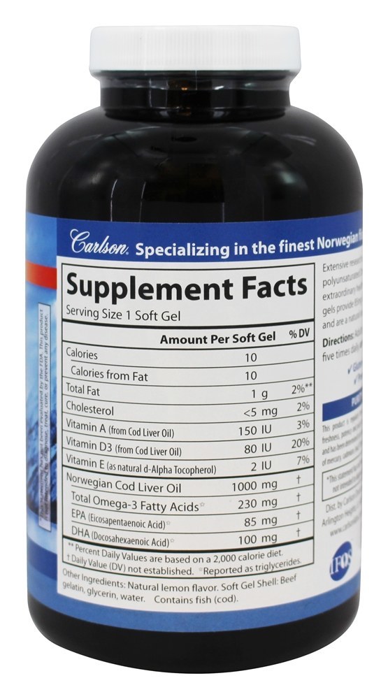 Comprar Bacalhau Fígado óleo Gemas Baixo Vitamina Um 1000 mg. - 300 Softgels Carlson Labs - Imagem 2