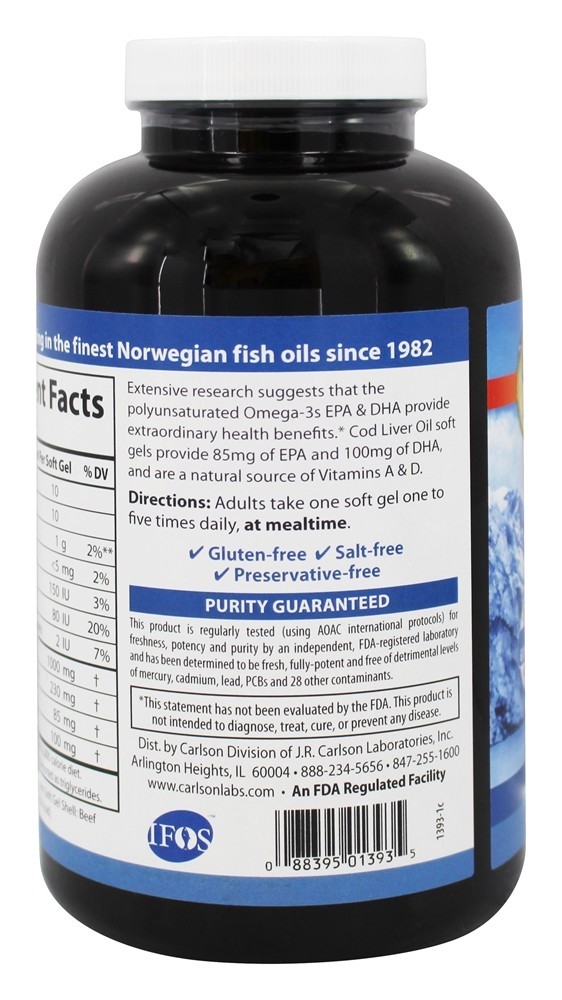 Comprar Bacalhau Fígado óleo Gemas Baixo Vitamina Um 1000 mg. - 300 Softgels Carlson Labs - Imagem 3