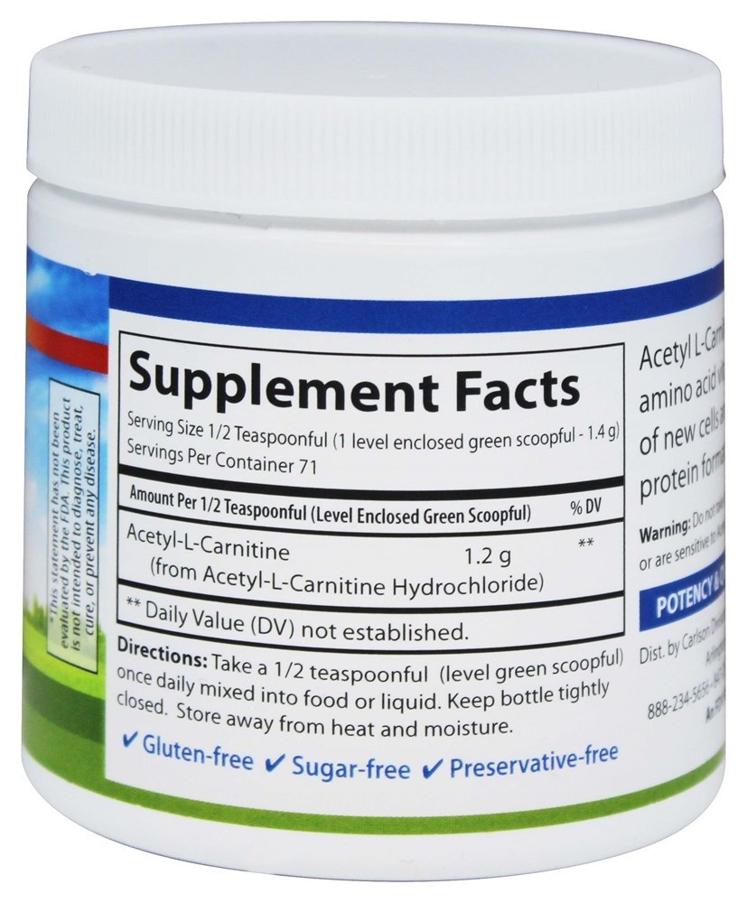 Comprar Pó de Aminoácidos de Acetil-L-Carnitina 1200 mg. - 100 Gramas Carlson Labs - Imagem 2