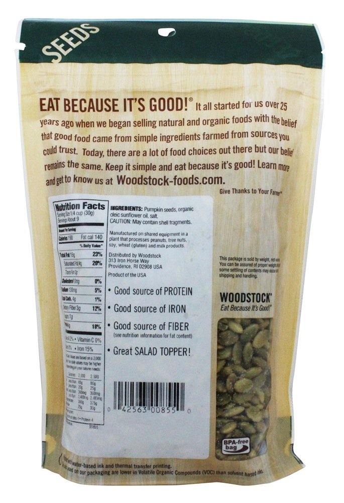 Comprar Sementes de abóbora totalmente naturais torradas e salgadas - 9.5 oz. Woodstock Farms - Imagem 2