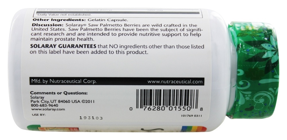 Comprar Frutos de Saw Palmetto 580 mg. - Cápsulas 100 Solaray - Imagem 3