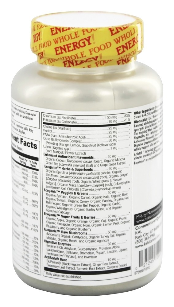 Comprar Aprimorada Energia Uma vez Diário Inteiro Comida Multivitamina Ferro Livre - 60 Comprimidos vegetarianos Kal - Imagem 3