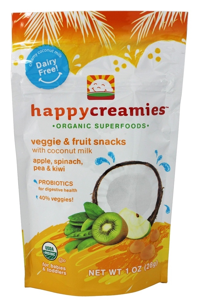 Comprar Feliz Cremoso Orgânico Superfood Vegetariano & Fruto Lanches Maçã, Espinafre, Ervilha, & Kiwi - 1 oz. Happy Family