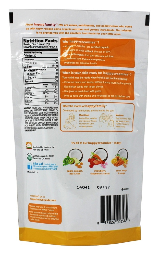 Comprar Feliz Cremoso Orgânico Superfood Vegetariano & Fruto Lanches Maçã, Espinafre, Ervilha, & Kiwi - 1 oz. Happy Family - Imagem 2