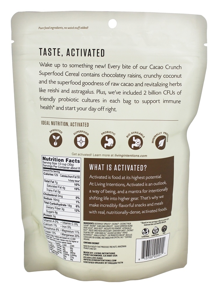 Comprar Crunch de cacau de cereais Superfood ativado - 9 oz. Living Intentions - Imagem 2