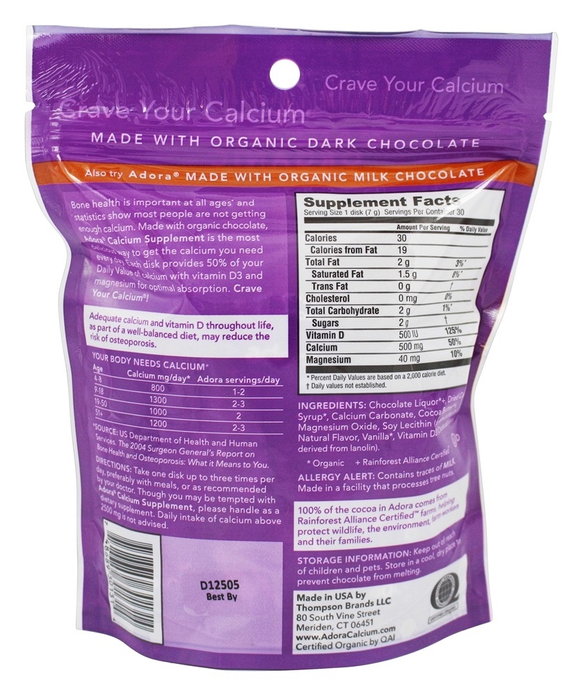Comprar Suplemento de Cálcio de Chocolate Amargo Orgânico 500 mg. - 30 Contagem Adora - Imagem 2