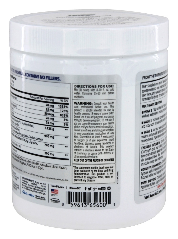 Comprar PMP pico desempenho muscular pré-treino sem framboesa azul Stim-Free - 9 oz. GAT - Imagem 3