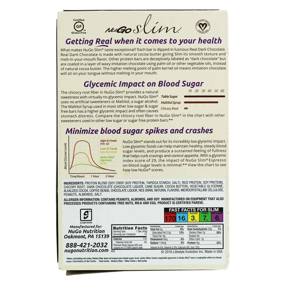 Comprar Vegan Esbelto Real Escuro Chocolate Barras Caixa Café expresso - 12 Barras NuGo Nutrition - Imagem 3