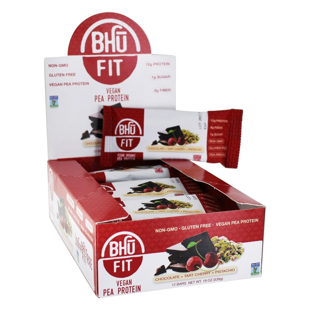 Comprar Barra de proteína de ervilha vegan Chocolate + Torta de cereja + pistache - 12 Barras Bhu Fit