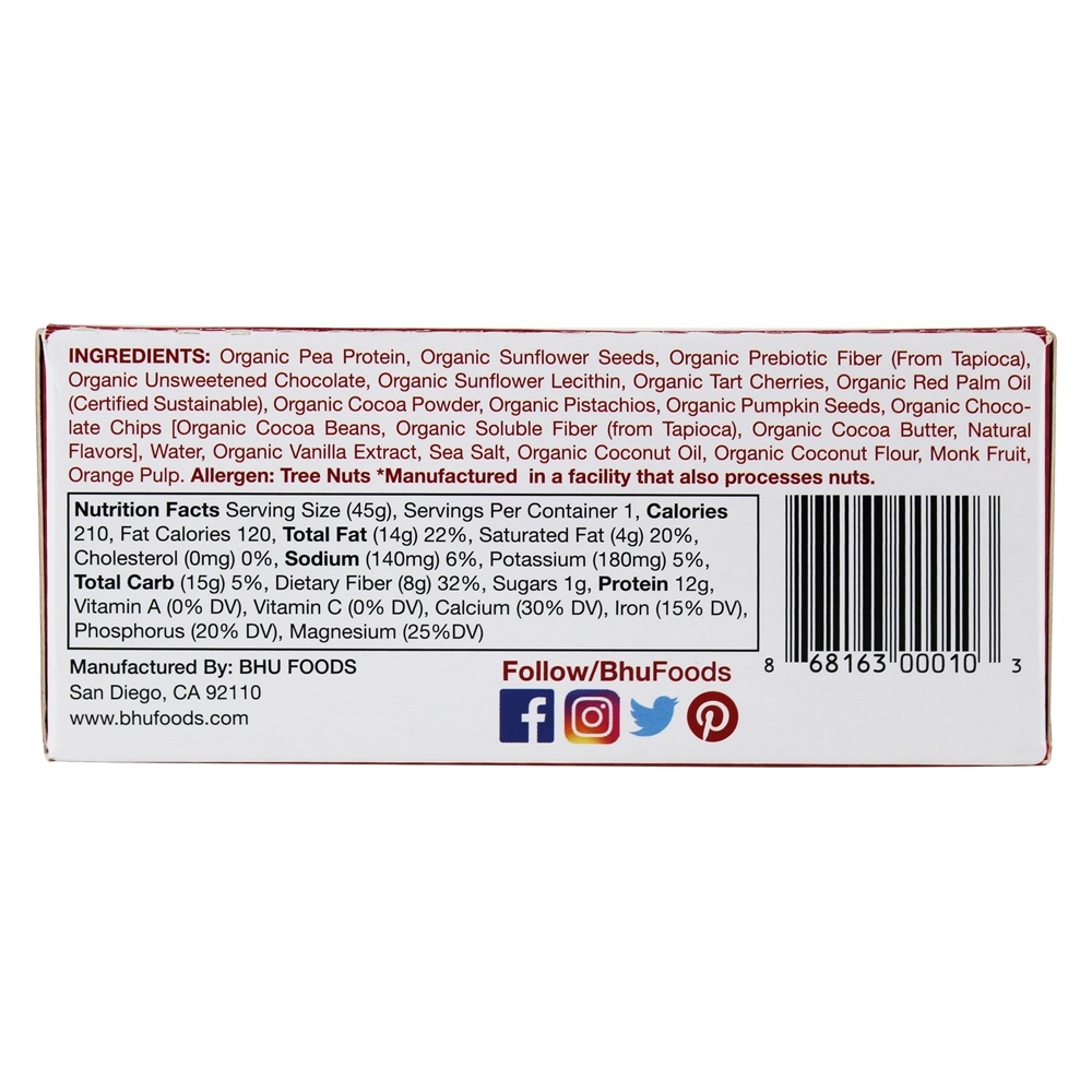Comprar Barra de proteína de ervilha vegan Chocolate + Torta de cereja + pistache - 12 Barras Bhu Fit - Imagem 2