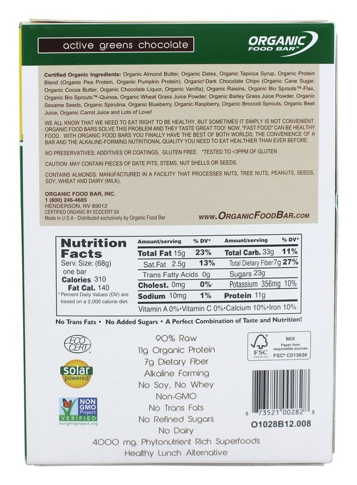Comprar Chocolate Ativo Verdes - 12 Barras Organic Food Bar - Imagem 2