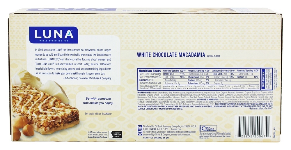 Comprar Caixa orgânica das barras da nutrição do Luna para a macadâmia branca do chocolate das mulheres - 15 Barras Clif Bar - Imagem 2