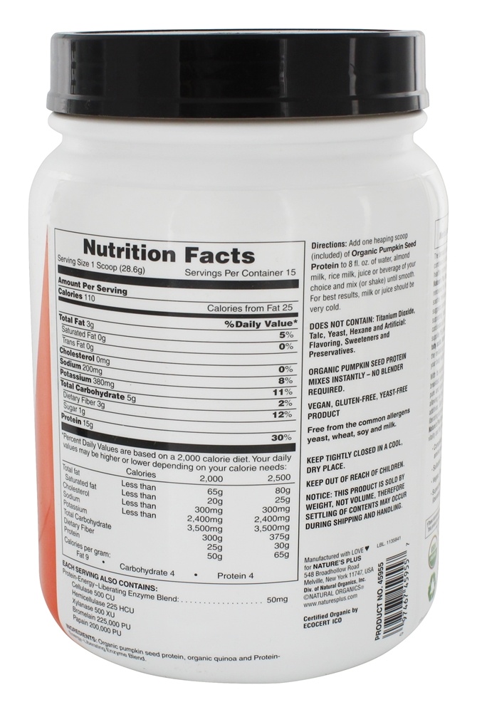 Comprar Pó de energia de alta proteína orgânica semente de abóbora - 0.95 lbs. Natures Plus - Imagem 2