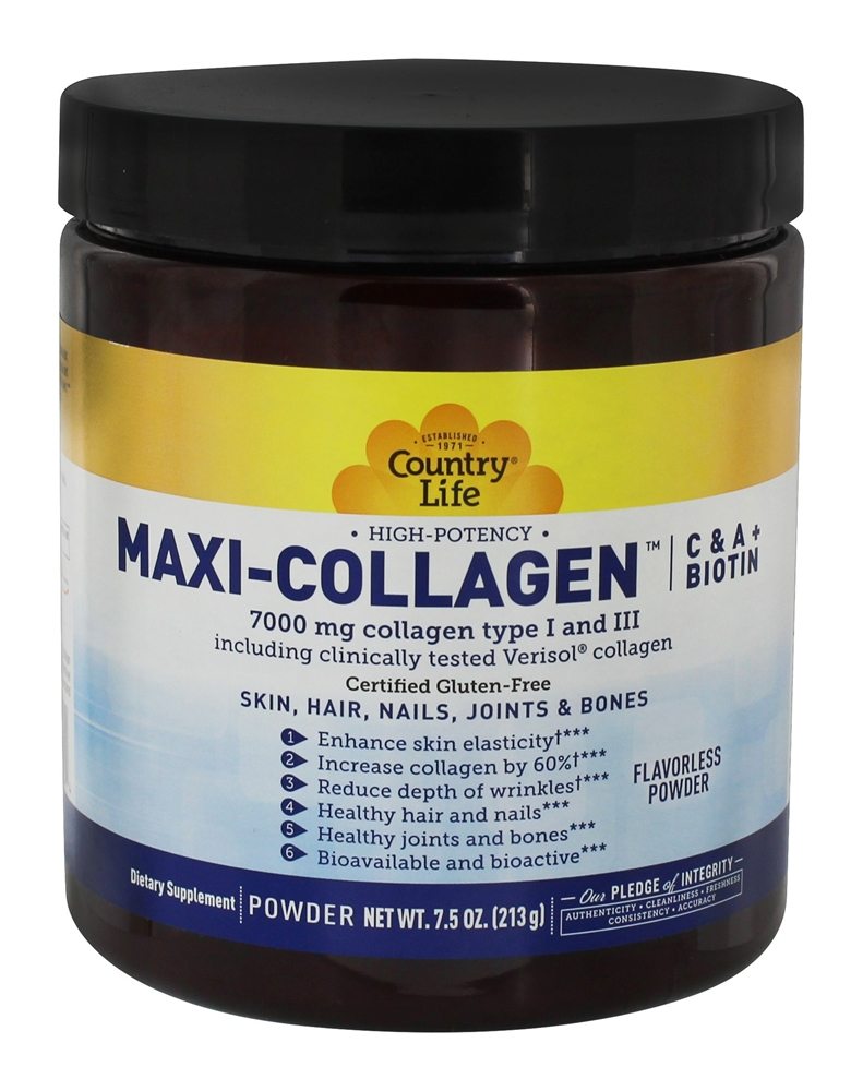 Comprar Alta Potência de Maxi-Colagénio com Vitaminas C e A + Biotina Flavorless - 7.5 oz. Country Life