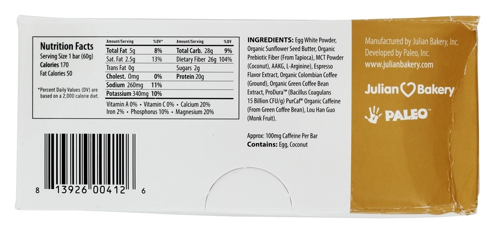Comprar Paleo Proteína Bar Café expresso - 12 Barras Julian Bakery - Imagem 2