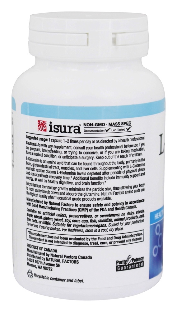 Comprar Aminoácido livre de L-Glutamina micronizada 1000 mg. - Cápsulas vegetarianas 90 Natural Factors - Imagem 3