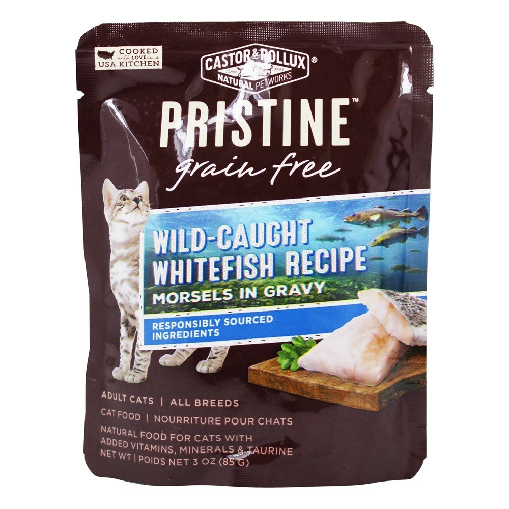 Comprar Pedaços de comida de gato molhado grátis grão puro na receita de peixe branco de molho - 3 oz. Castor & Pollux