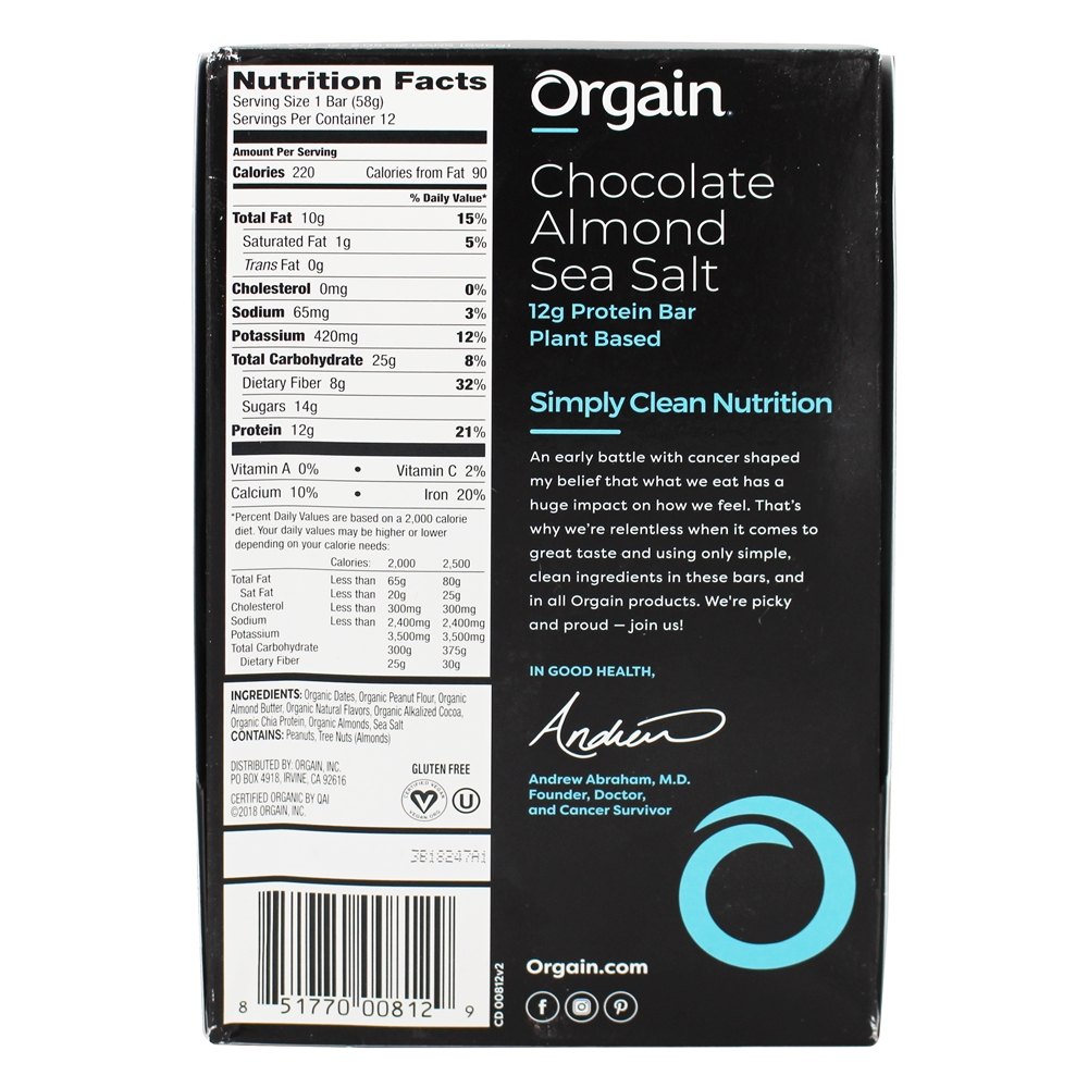 Comprar Barras de Proteína Orgânica Simples Box Chocolate Amêndoa Sal Marinho - 12 Barras Orgain - Imagem 3