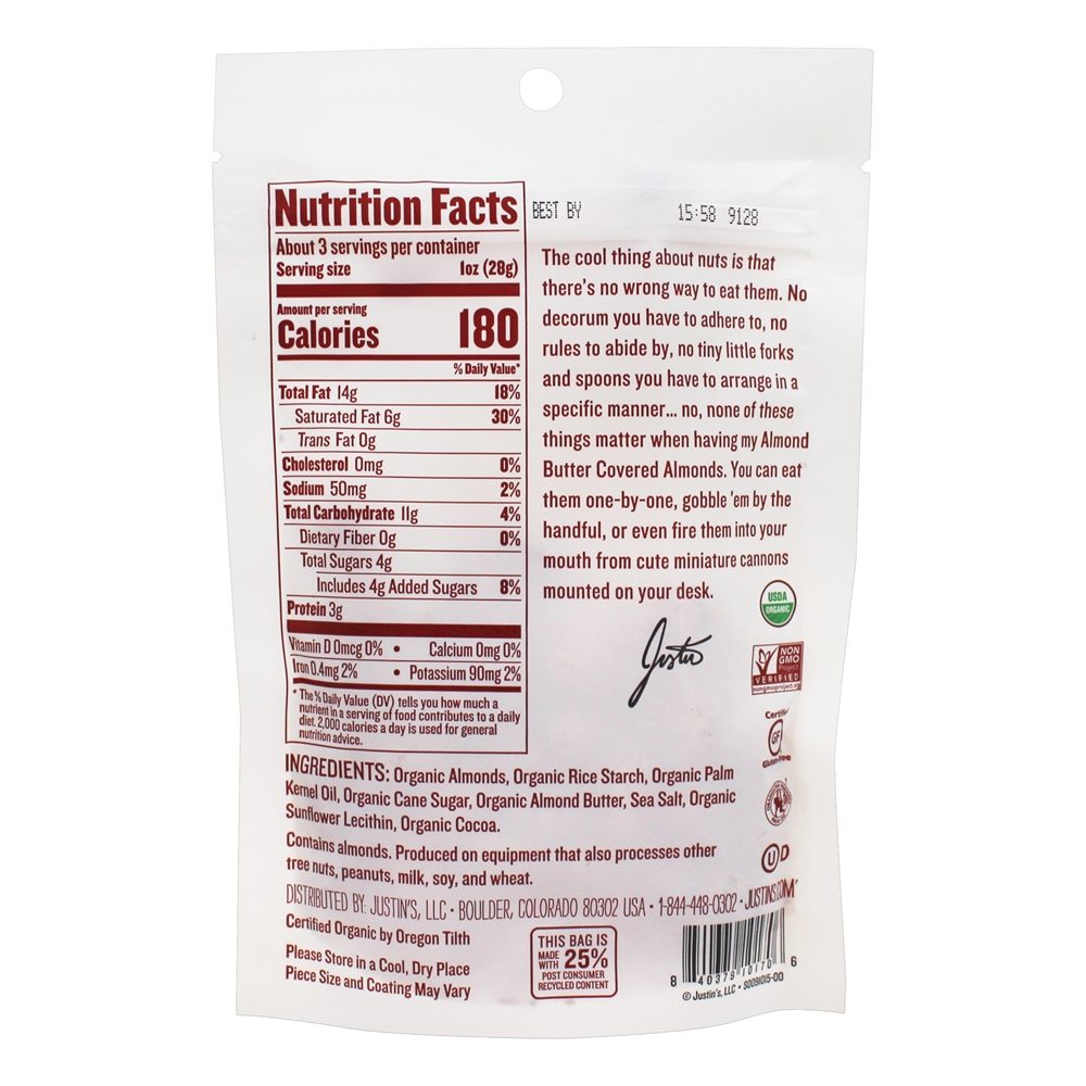 Comprar Amêndoas Cobertas Orgânicas Manteiga Amêndoas - 3 oz. Justin's Nut Butter - Imagem 2
