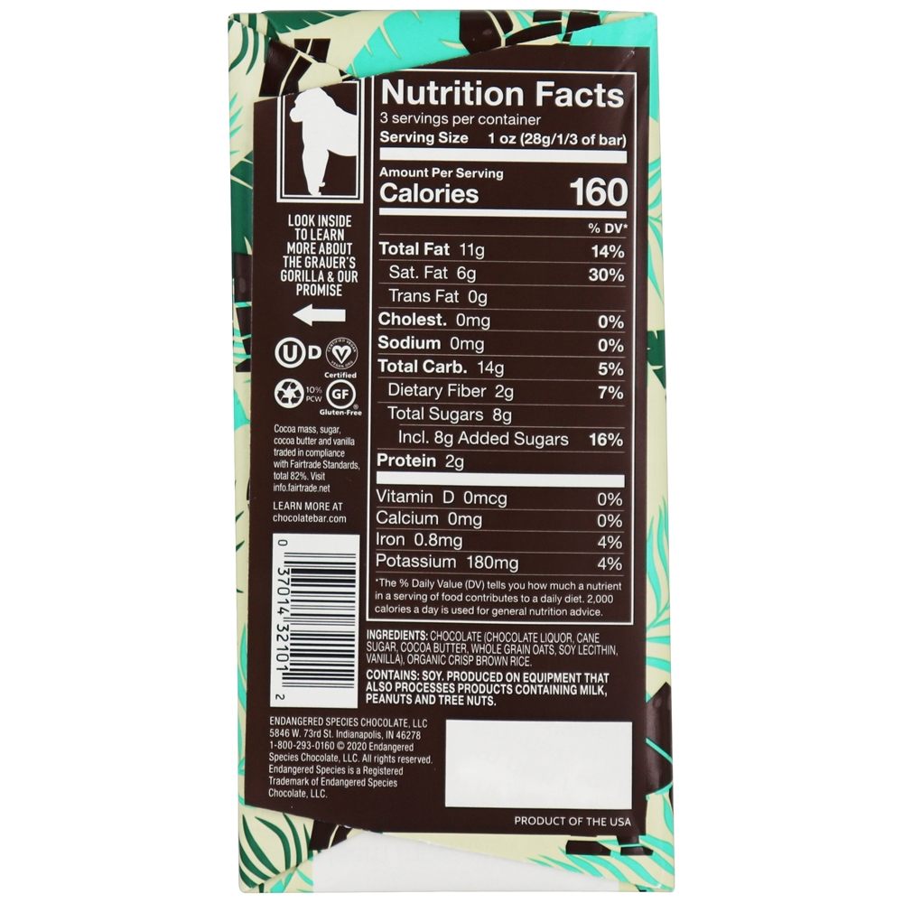 Comprar Barra de Chocolate Amargo 55 % Cacau Leite de Aveia e Arroz Crocante - 3 oz. Endangered Species - Imagem 2