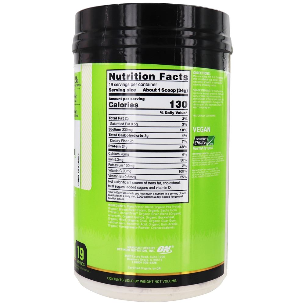 Comprar Ouro em pó 100 % em pó de proteína à base de plantas sem sabor - 1.42 lb. Optimum Nutrition - Imagem 2