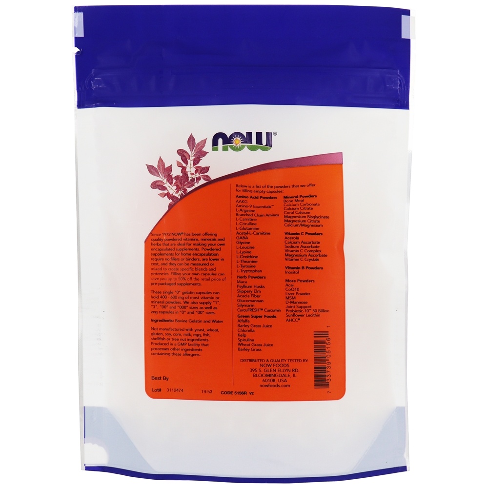 Comprar Cápsulas Vazias de Gelatina Tamanho Único ' 0 ' - Cápsulas 250 NOW Foods - Imagem 2