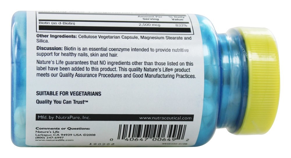 Comprar Coenzima Essencial da Biotina 2500 mcg. - Cápsulas vegetarianas 100 Nature's Life - Imagem 3