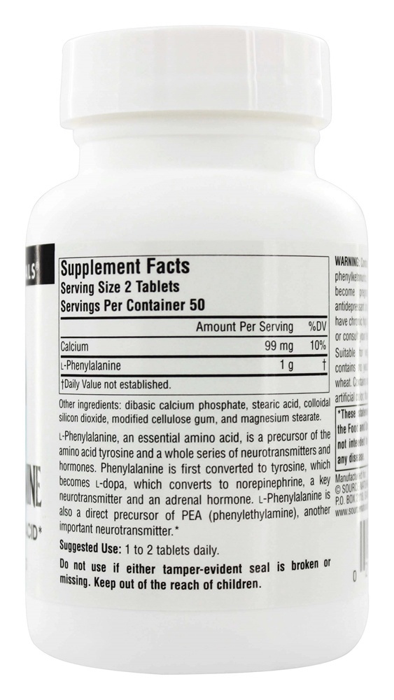 Comprar L-Fenilalanina Essencial Livre Forma Amino ácido 500 mg. - 100 Tablets Source Naturals - Imagem 2