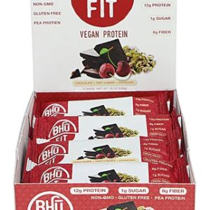 BHU Fit Vegan Pea Protein Bar Chocolate+Tart Cherry+Pistachio -- 12 Bars