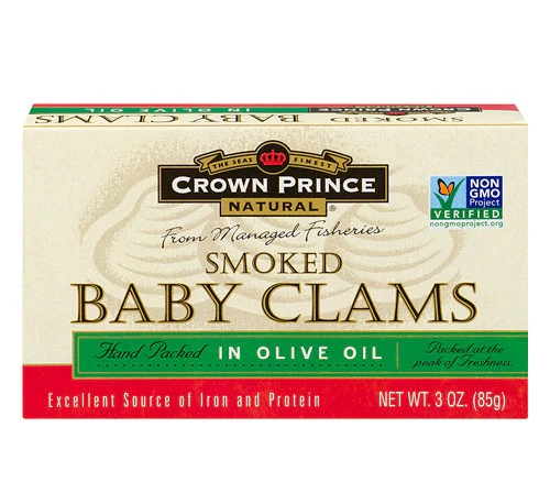 Comprar Crown Prince Natural Smoked Baby Clams in Olive Oil -- 3 oz