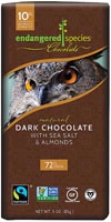 Endangered Species Dark Chocolate 72% Cocoa Bar Vegan Glulten Free Sea Salt and Almonds -- 3 oz
