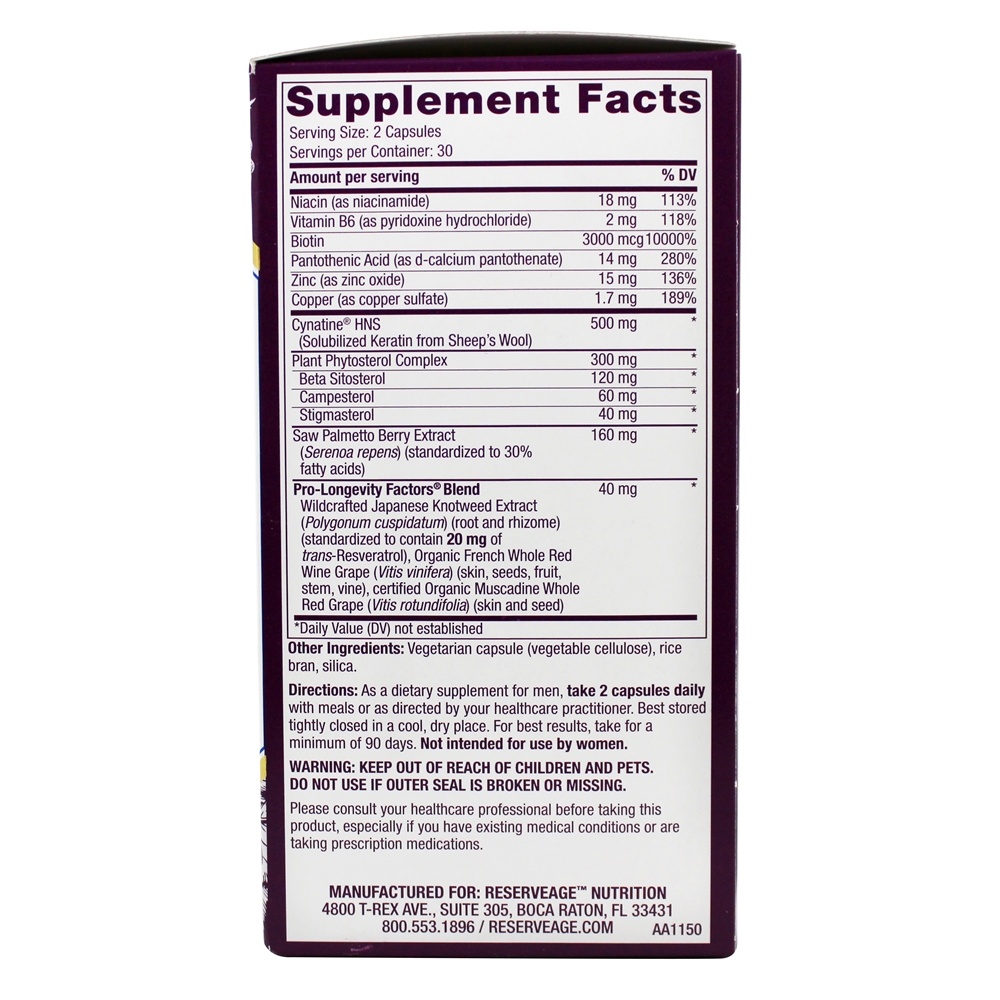 Comprar Reforço de Queratina para Homens - Cápsulas vegetarianas 60 Reserveage Nutrition - Imagem 2