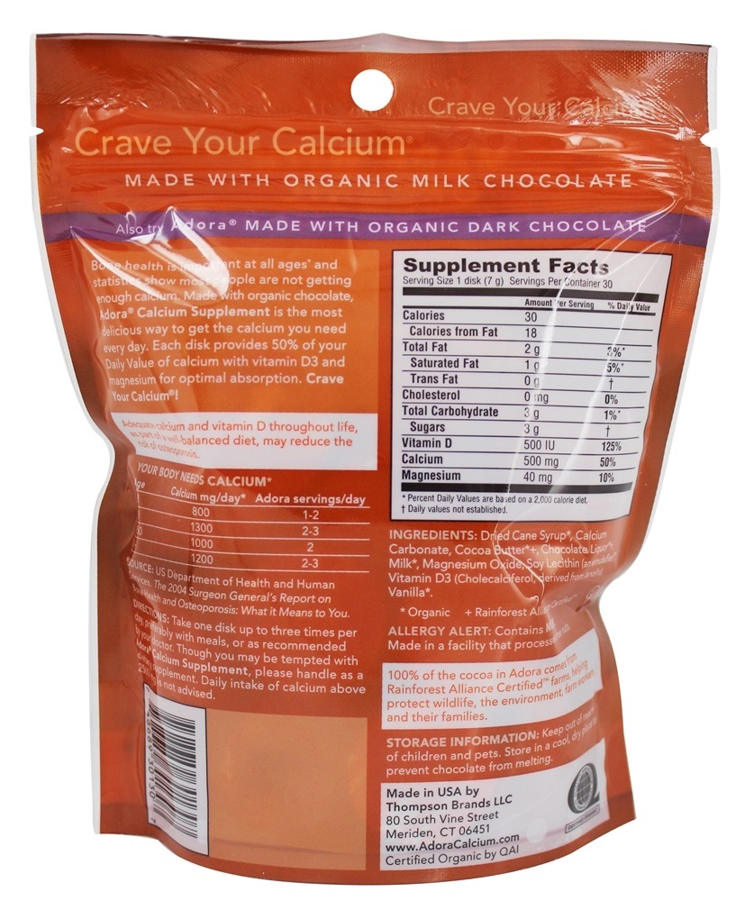 Comprar Chocolate de Leite Orgânico com Suplemento ao Cálcio 500 mg. - 30 Contagem Adora - Imagem 2