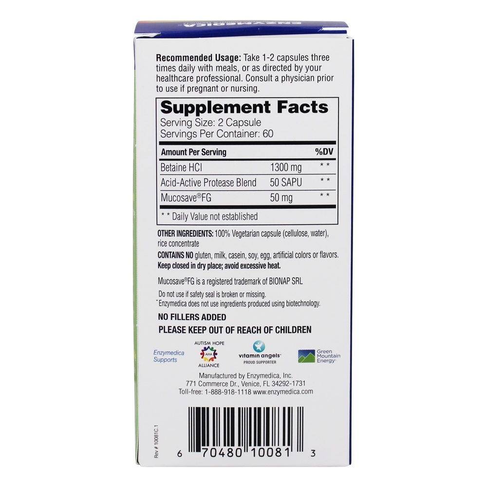 Comprar Rápido-Atuação Betaína Hcl Azia & Indigestão Alívio Fórmula - Cápsulas 120 Enzymedica - Imagem 2