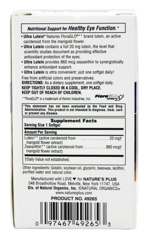 Comprar Ultra Lutein 20 mg. - 60 Softgels Natures Plus - Imagem 2