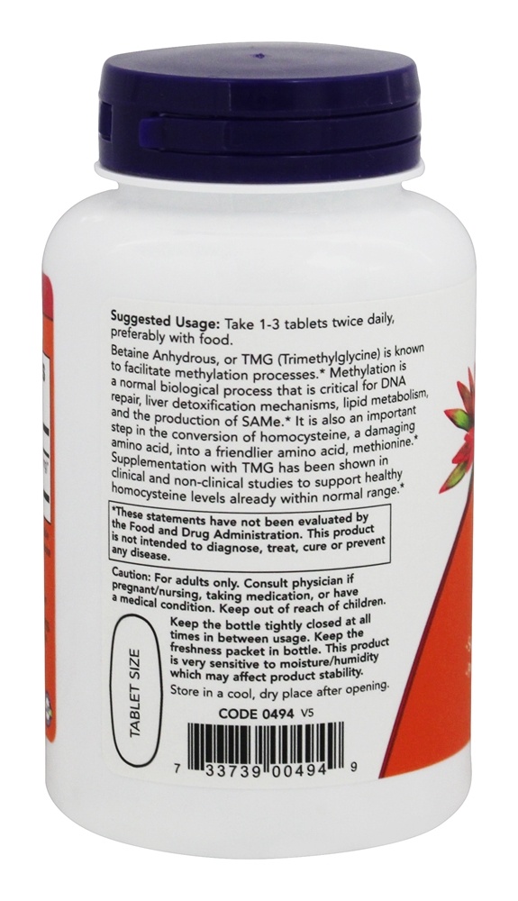 Comprar TMG (Trimetilglicina) 1000 - 100 Tablets NOW Foods - Imagem 3
