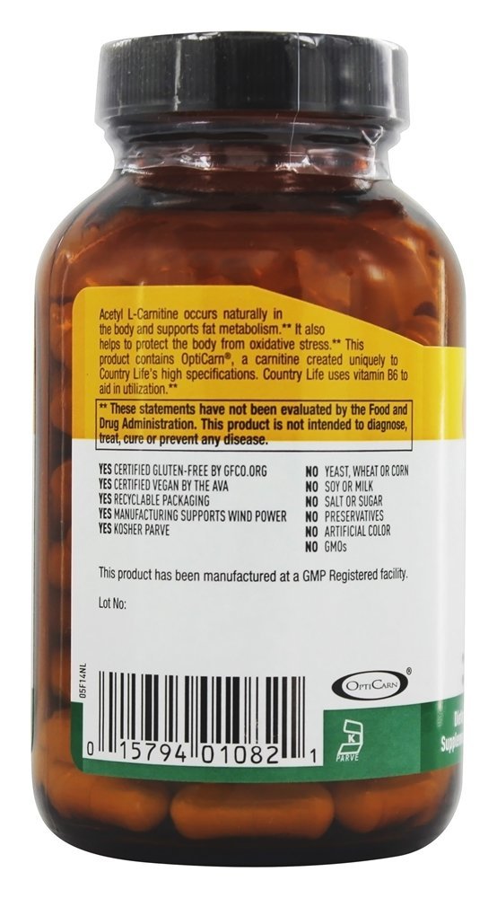 Comprar Acetil L-Carnitina Tampas Amino ácidos 500 mg. - Cápsulas vegetarianas 120 Country Life - Imagem 3