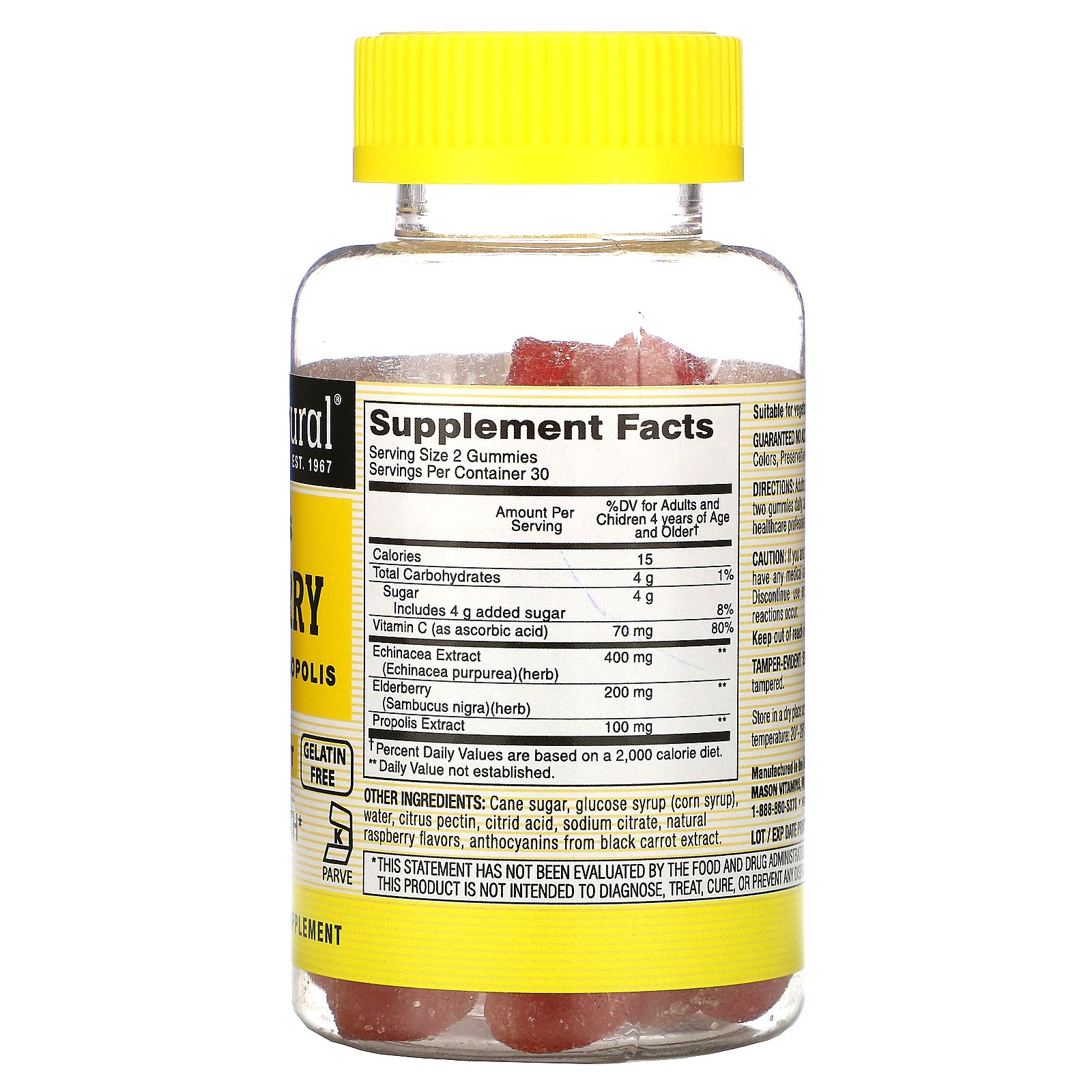 Comprar Mason Natural, Sambucus Elderberry with Echinacea & Propolis, Raspberry Flavor, 60 Gummies - Imagem 2