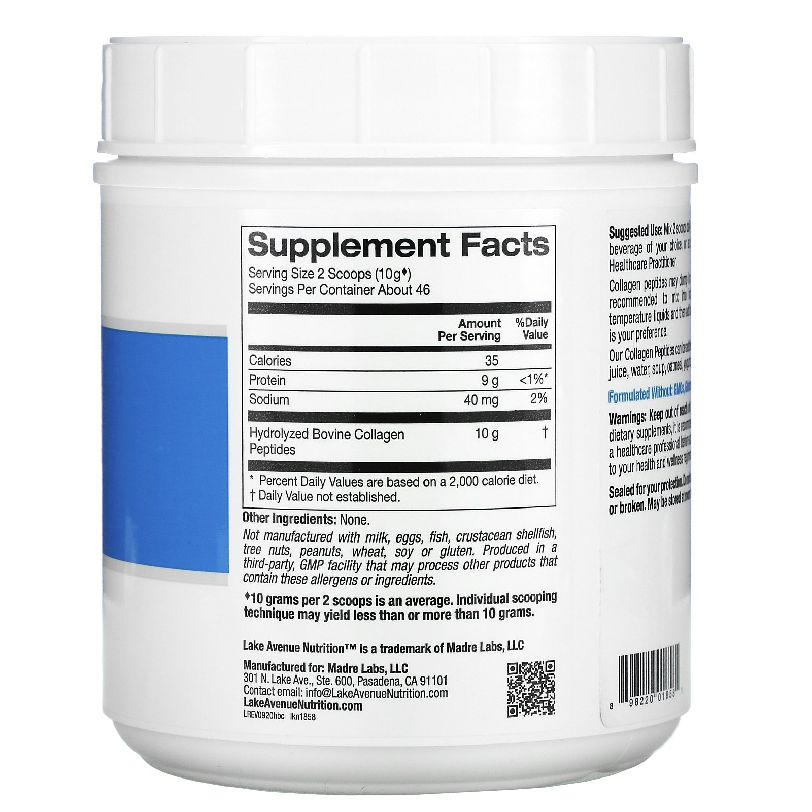 Comprar Lake Avenue Nutrition, Peptídeos de Colágeno Hidrolisado Tipos I e III, Sem Sabor, 460 g (1,01 lb) - Imagem 2