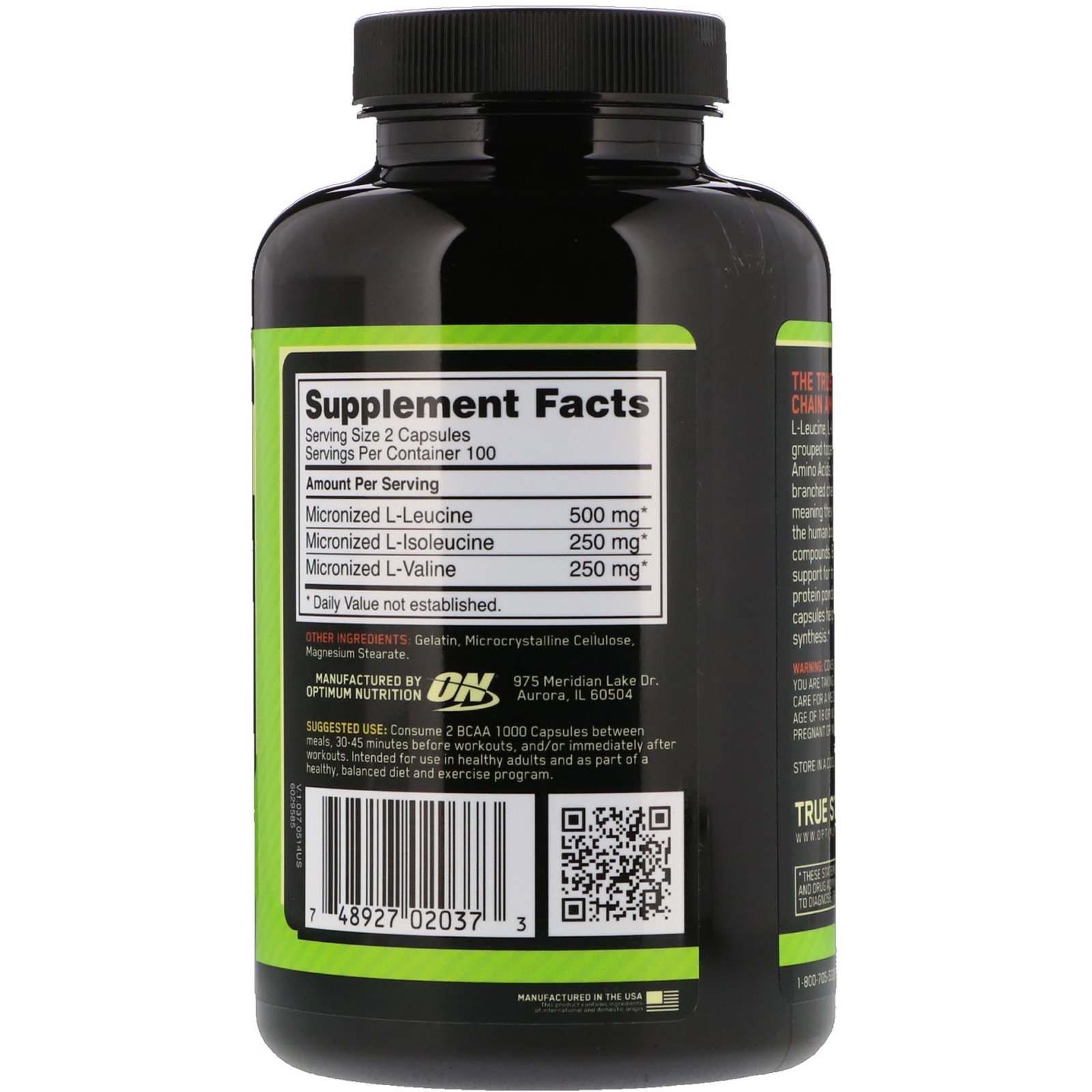 Comprar Optimum Nutrition, BCAA 1000 Cáps, Tamanho Grande, 1 g, 200 Cápsulas - Imagem 2