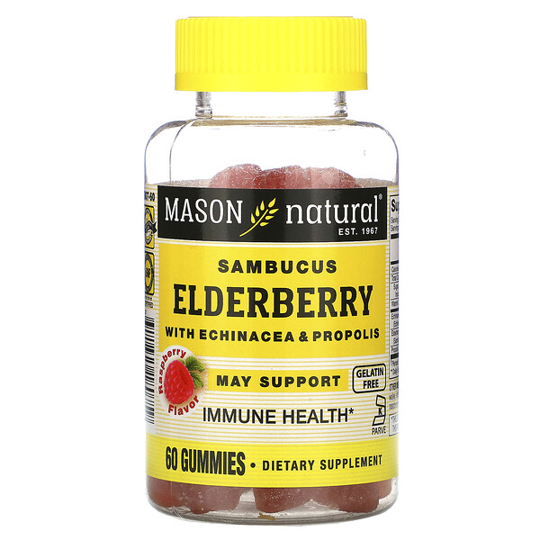 Comprar Mason Natural, Sambucus Elderberry with Echinacea & Propolis, Raspberry Flavor, 60 Gummies