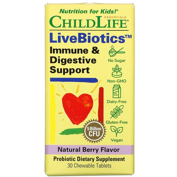 Comprar ChildLife, LiveBiotics, Immune & Digestive Support, Natural Berry Flavor, 5 Billion CFU, 30 Chewable Tablets