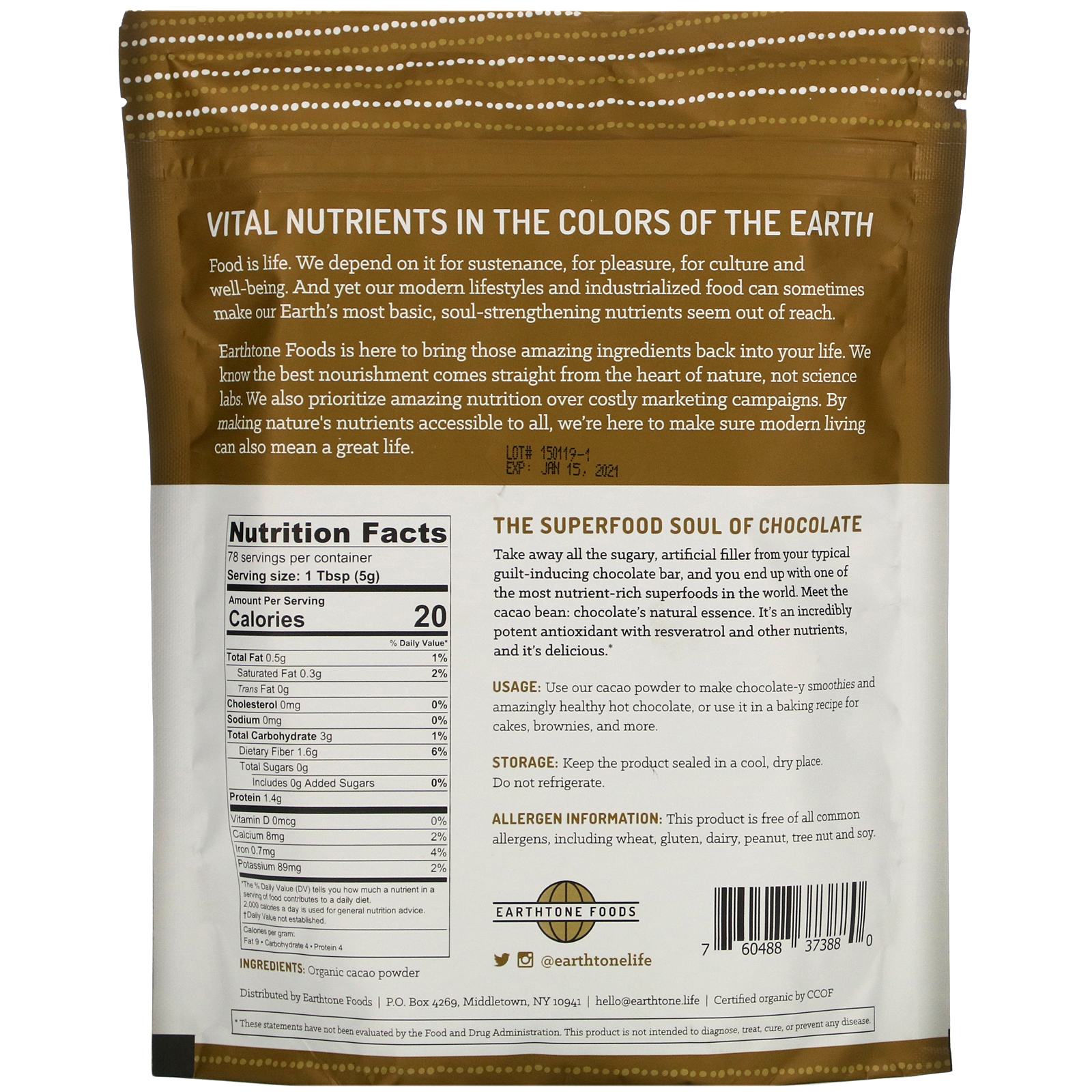 Comprar Earthtone Foods, Organic Cacao Powder, 14 oz (397 g) - Imagem 2
