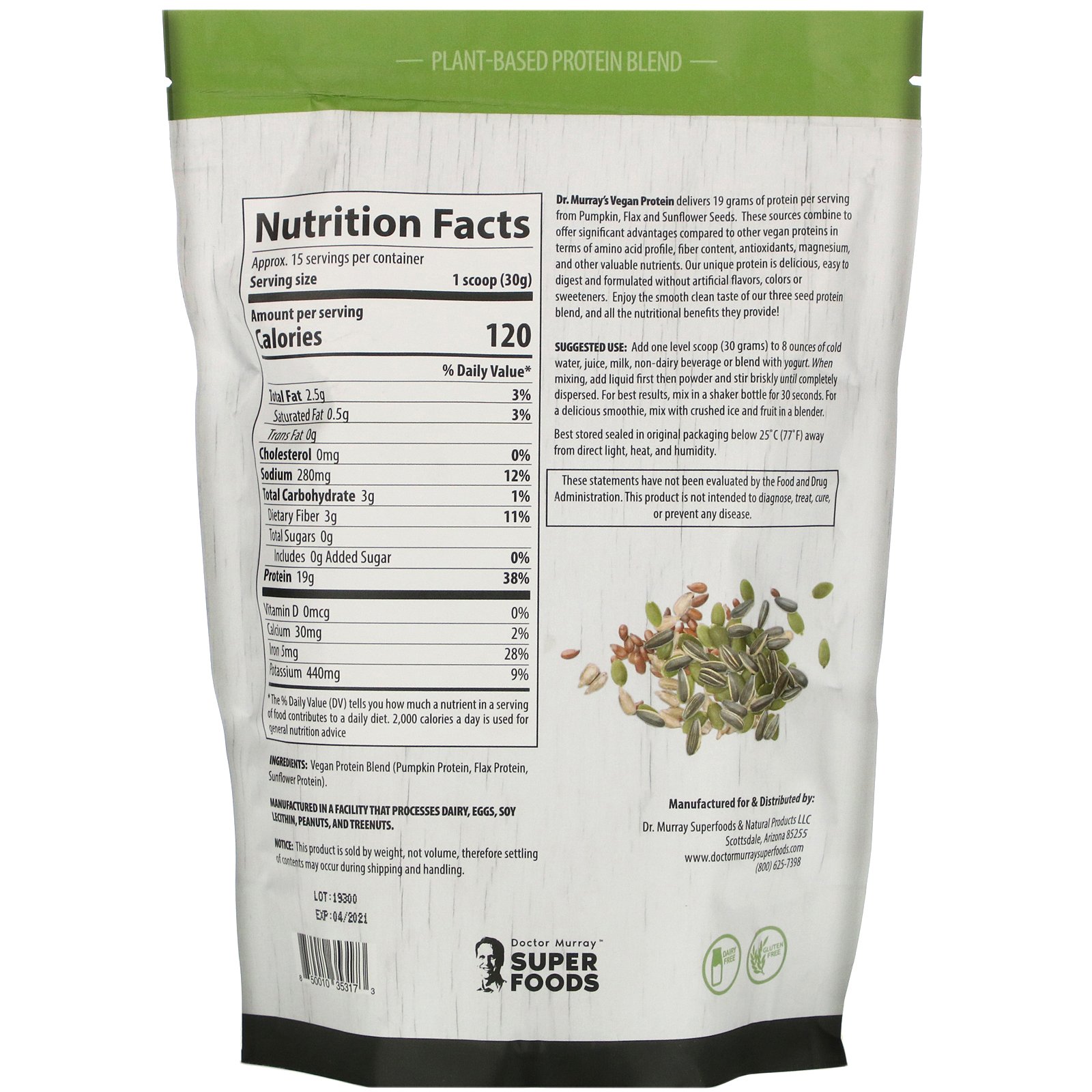 Comprar Dr. Murray's, Super Foods, 3 Seed Vegan Protein Powder, Unflavored, 16 oz (453.5 g) - Imagem 2