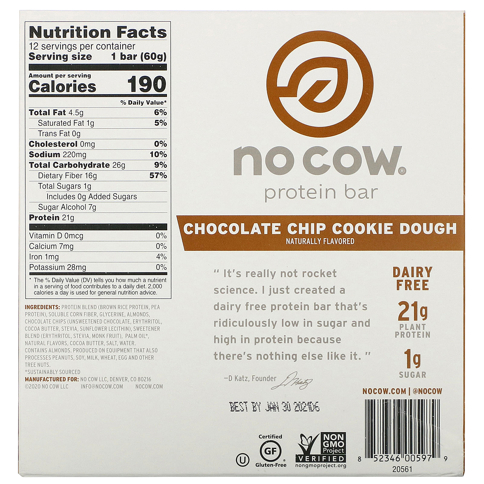 Comprar No Cow, Protein Bar, Chocolate Chip Cookie Dough, 12 Bars, 2.12 oz (60 g) Each - Imagem 3