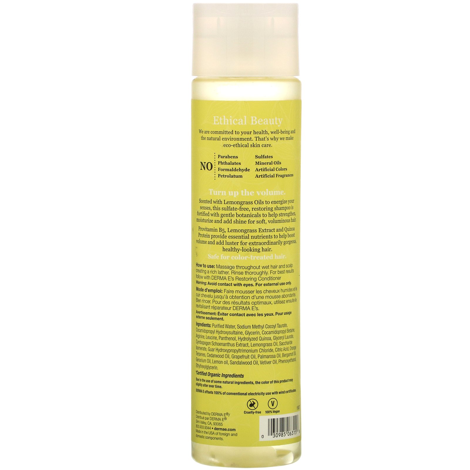 Comprar Derma E, Restoring Shampoo, Volume & Shine, Lemongrass & Vitamin E, 10 fl oz (296 ml) - Imagem 2