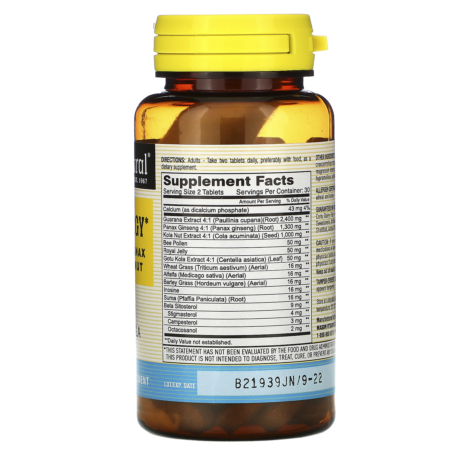 Comprar Mason Natural, Super Energy with Guarana, Panax Ginseng & Kola Nut, 60 Tablets - Imagem 2