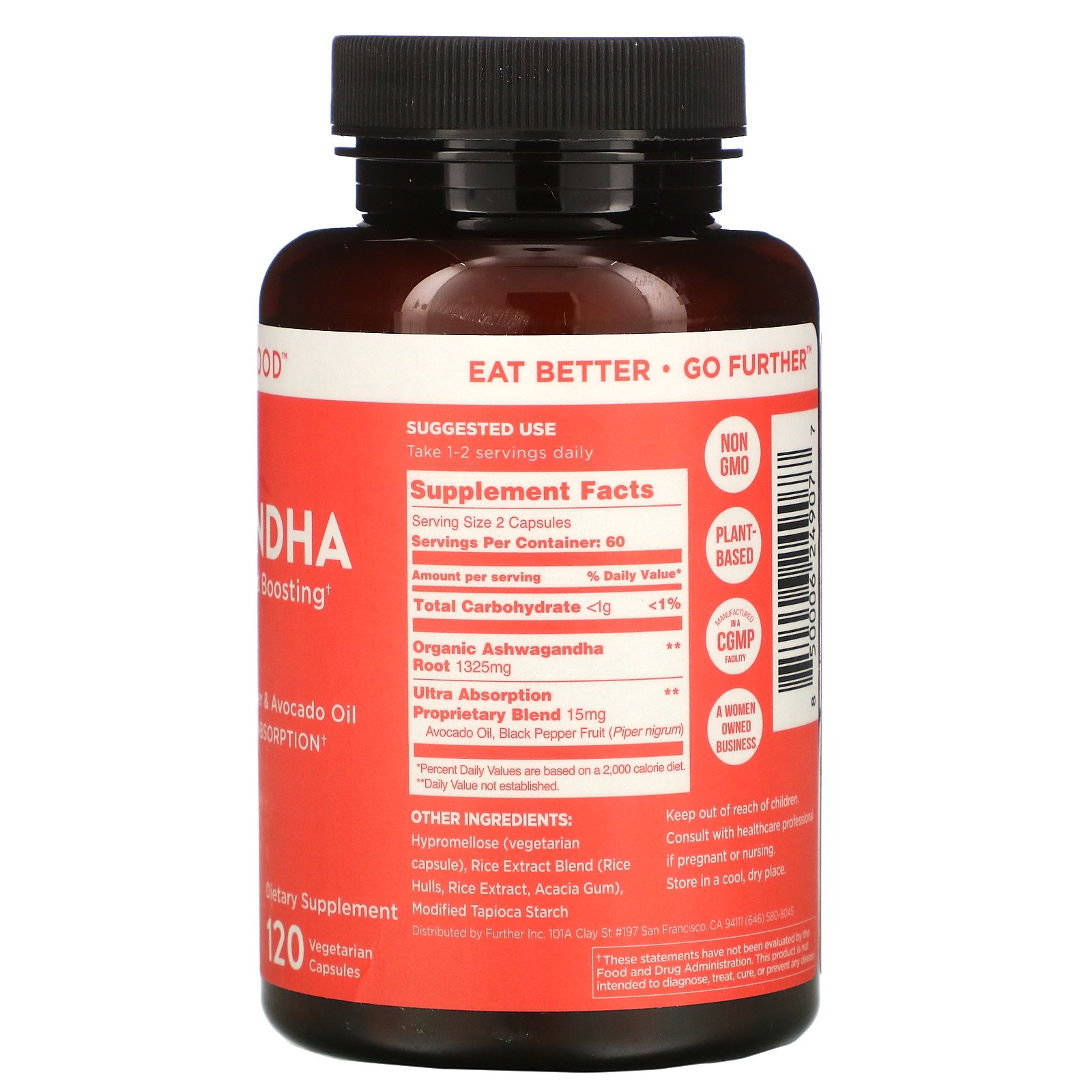 Comprar Further Food, Premium Ashwagandha, Maximum Strength, 1,325 mg, 120 Vegetarian Capsules - Imagem 2